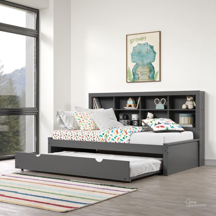 The appearance of Twin Bookcase Daybed With Trundle In Dark Grey designed by DONCO kids in the modern / contemporary interior design. This dark grey piece of furniture  was selected by 1StopBedrooms from  to add a touch of cosiness and style into your home. Sku: 1733A-TDG;1733B-TDG;503-DG. Bed Type: Daybed. Material: Wood. Product Type: DayBed. Bed Size: Twin. Image1