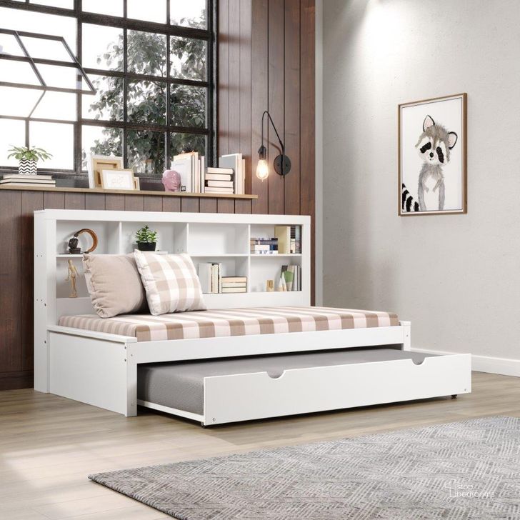 The appearance of Twin Bookcase Daybed With Trundle In White designed by DONCO kids in the modern / contemporary interior design. This white piece of furniture  was selected by 1StopBedrooms from  to add a touch of cosiness and style into your home. Sku: 1733A-TW;1733B-TW;503-W. Bed Type: Daybed. Material: Wood. Product Type: DayBed. Bed Size: Twin. Image1