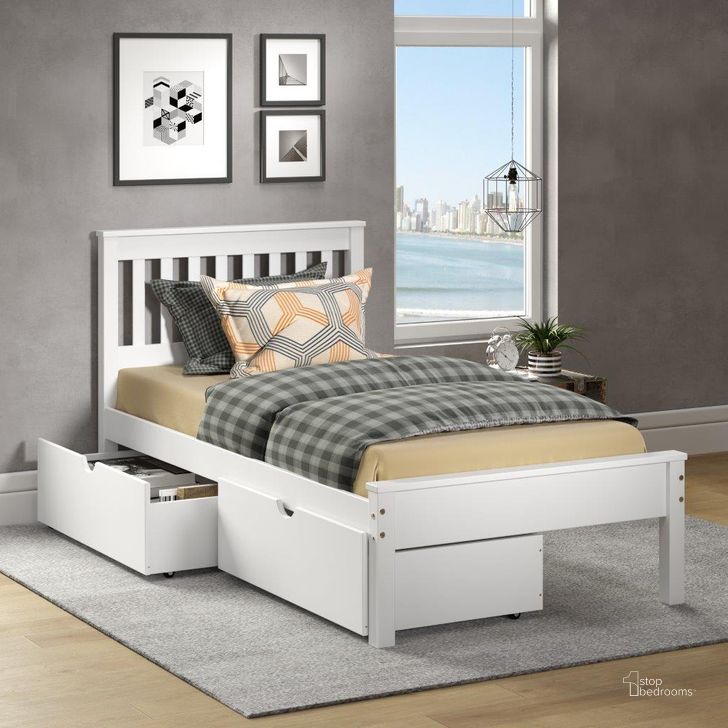 The appearance of Twin Contempo Bed Dual Under Bed Drawers In White Finish designed by DONCO kids in the modern / contemporary interior design. This white piece of furniture  was selected by 1StopBedrooms from  to add a touch of cosiness and style into your home. Sku: 500A-TW;500B-TW;505-W. Bed Type: Storage Bed. Material: Wood. Product Type: Storage Bed. Bed Size: Twin. Image1