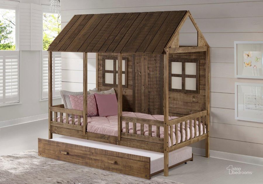 The appearance of Twin Front Porch Low Loft In Rustic Driftwood Finish W-Twin Trundle Bed designed by DONCO kids in the country / farmhouse interior design. This rustic piece of furniture  was selected by 1StopBedrooms from  to add a touch of cosiness and style into your home. Sku: 1899-TRD_1898-RD. Material: Wood. Product Type: Loft Bed. Bed Size: Twin. Bed Type: Loft Bed. Image1