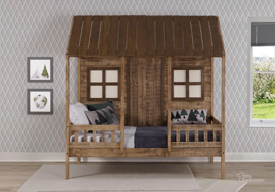 The appearance of Twin Front Porch Low Loft Rustic Driftwood designed by DONCO kids in the country / farmhouse interior design. This rustic piece of furniture  was selected by 1StopBedrooms from  to add a touch of cosiness and style into your home. Sku: 1899-TRD. Material: Wood. Product Type: Loft Bed. Bed Size: Twin. Bed Type: Loft Bed. Image1