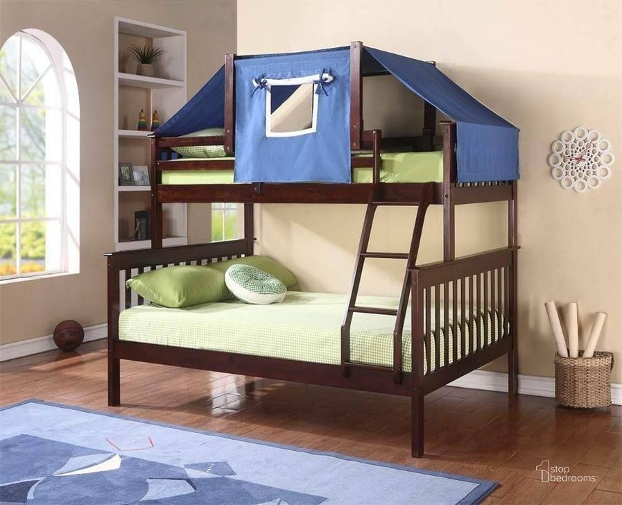 The appearance of Twin-Full Mission Bunk Bed W-Blue Bunk Bed Tent Kit In Dark Cappuccino Finish designed by DONCO kids in the  interior design. This dark cappuccino piece of furniture  was selected by 1StopBedrooms from  to add a touch of cosiness and style into your home. Sku: 122-3-TFCP_755CP_755B. Bed Type: Bunk Bed. Material: Wood. Product Type: Bunk Bed. Bed Size: Twin Over Full. Image1