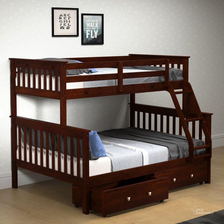 The appearance of Twin-Full Mission Bunk Bed W-Dual Under Bed Drawers In Dark Cappuccino Finish-122-3-TFCP505-CP designed by DONCO kids in the  interior design. This dark cappuccino piece of furniture  was selected by 1StopBedrooms from  to add a touch of cosiness and style into your home. Sku: 122-3-TFCP_505-CP. Bed Type: Bunk Bed. Material: Wood. Product Type: Bunk Bed. Bed Size: Twin Over Full. Image1