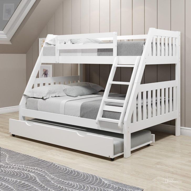 The appearance of Twin-Full Mission Bunk Bed W-Twin Trundle Bed In White Finish-1018-3TFW503-W designed by DONCO kids in the  interior design. This white piece of furniture  was selected by 1StopBedrooms from  to add a touch of cosiness and style into your home. Sku: 1018-3TFW_503-W. Bed Type: Bunk Bed. Material: Wood. Product Type: Bunk Bed. Bed Size: Twin Over Full. Image1