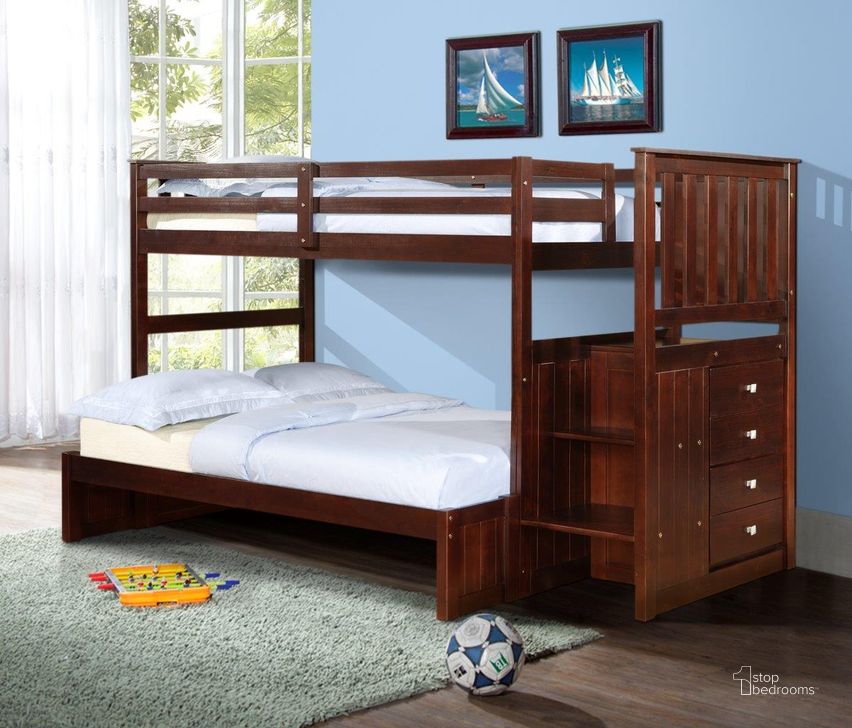 The appearance of Twin-Full Mission Stairway Bunk Bed With Ext Kit Cappuccino Finish designed by DONCO kids in the  interior design. This dark cappuccino piece of furniture  was selected by 1StopBedrooms from  to add a touch of cosiness and style into your home. Sku: 820-TTCP_800E-CP. Bed Type: Bunk Bed. Material: Wood. Product Type: Bunk Bed. Bed Size: Twin Over Full.