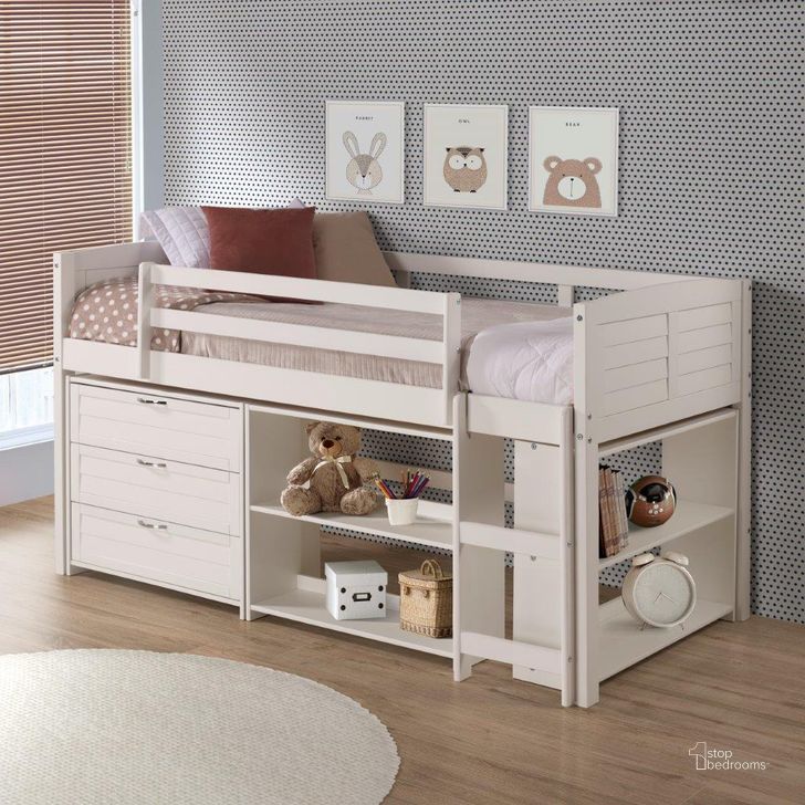 The appearance of Twin Louver Low Loft Group B - White designed by DONCO kids in the modern / contemporary interior design. This white piece of furniture  was selected by 1StopBedrooms from  to add a touch of cosiness and style into your home. Sku: 790-TW-B. Material: Wood. Product Type: Loft Bed. Bed Size: Twin. Bed Type: Loft Bed. Image1