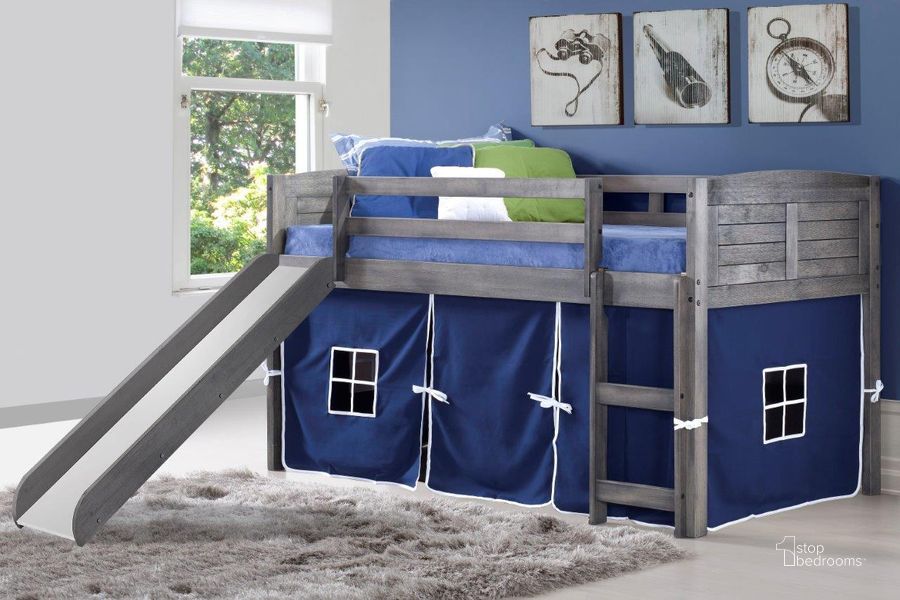 The appearance of Twin Louver Low Loft W-Slide & Blue Tent Kit In Antique Grey Finish designed by DONCO kids in the modern / contemporary interior design. This grey and blue piece of furniture  was selected by 1StopBedrooms from  to add a touch of cosiness and style into your home. Sku: 790-AAG_750C-TB_785-AG. Material: Wood. Product Type: Loft Bed. Bed Size: Twin. Bed Type: Loft Bed. Image1