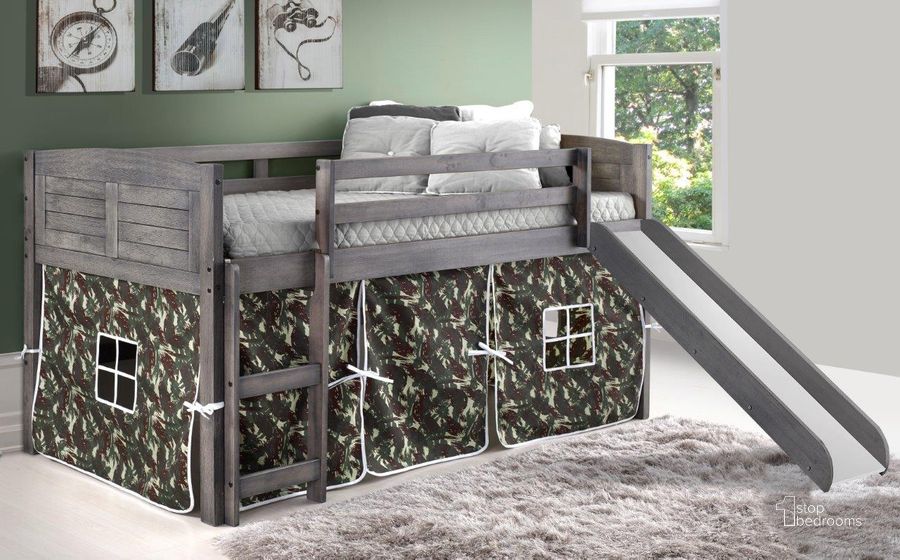The appearance of Twin Louver Low Loft W-Slide & Camo Tent Kit In Antique Grey Finish designed by DONCO kids in the modern / contemporary interior design. This antique grey piece of furniture  was selected by 1StopBedrooms from  to add a touch of cosiness and style into your home. Sku: 790-AAG_750C-TC_785-AG. Material: Wood. Product Type: Loft Bed. Bed Size: Twin. Bed Type: Loft Bed. Image1