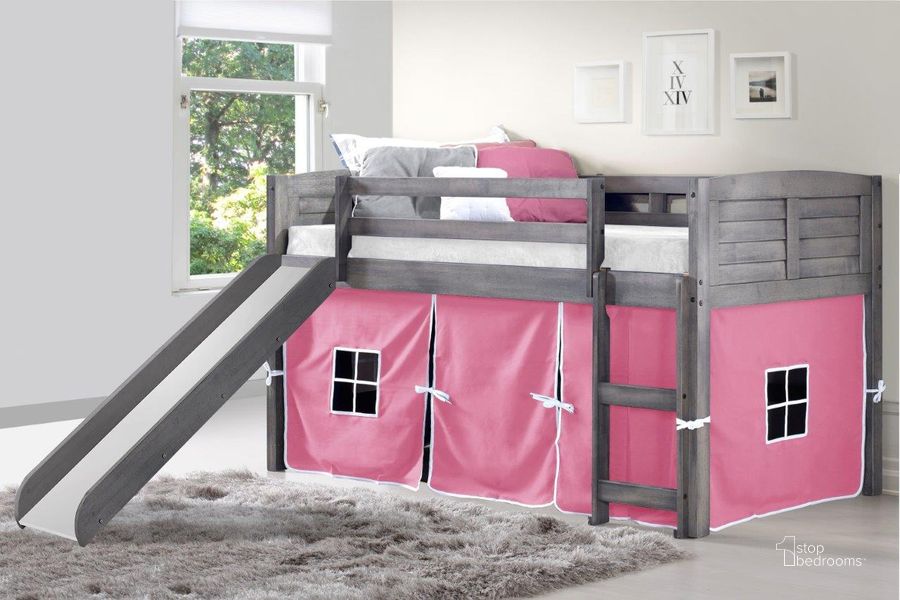 The appearance of Twin Louver Low Loft W-Slide & Pink Tent Kit In Antique Grey Finish designed by DONCO kids in the modern / contemporary interior design. This grey and pink piece of furniture  was selected by 1StopBedrooms from  to add a touch of cosiness and style into your home. Sku: 790-AAG_750C-TP_785-AG. Material: Wood. Product Type: Loft Bed. Bed Size: Twin. Bed Type: Loft Bed. Image1