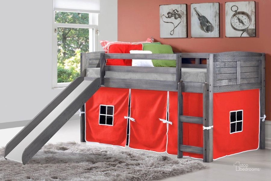 The appearance of Twin Louver Low Loft W-Slide & Red Tent Kit In Antique Grey Finish designed by DONCO kids in the modern / contemporary interior design. This grey and red piece of furniture  was selected by 1StopBedrooms from  to add a touch of cosiness and style into your home. Sku: 790-AAG_750C-TR_785-AG. Material: Wood. Product Type: Loft Bed. Bed Size: Twin. Bed Type: Loft Bed. Image1