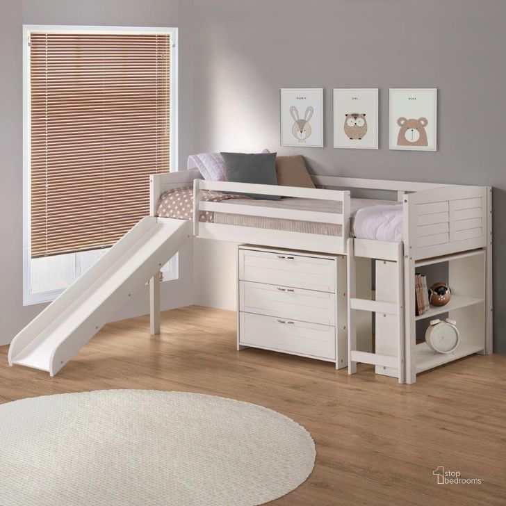 The appearance of Twin Louver Low Loft W-Slide In White Finish Group C designed by DONCO kids in the modern / contemporary interior design. This white piece of furniture  was selected by 1StopBedrooms from  to add a touch of cosiness and style into your home. Sku: 790-TW-C_785-W. Material: Wood. Product Type: Loft Bed. Bed Size: Twin. Bed Type: Loft Bed. Image1