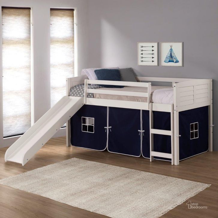 The appearance of Twin Louver Low Loft White W-Blue Tent & Slide designed by DONCO kids in the modern / contemporary interior design. This white and blue piece of furniture  was selected by 1StopBedrooms from  to add a touch of cosiness and style into your home. Sku: 790-ATW_750C-TB_785-W. Material: Wood. Product Type: Loft Bed. Bed Size: Twin. Bed Type: Loft Bed. Image1