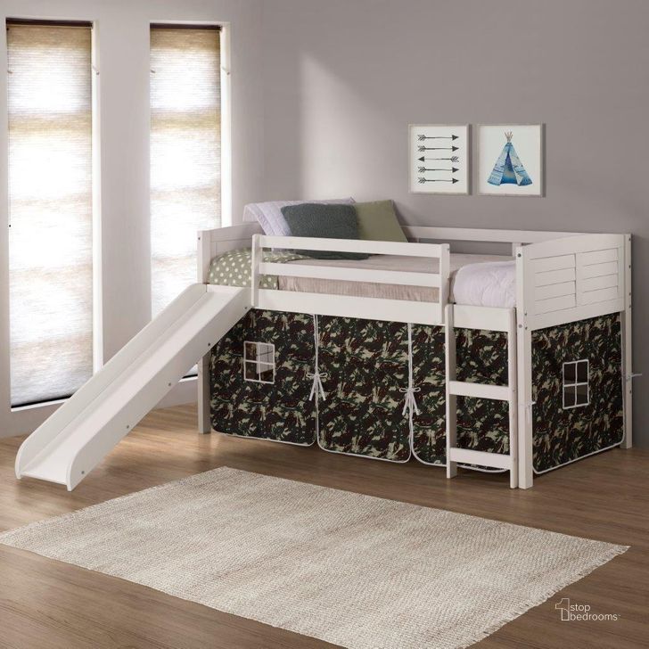 The appearance of Twin Louver Low Loft White W-Camo Tent & Slide designed by DONCO kids in the modern / contemporary interior design. This white piece of furniture  was selected by 1StopBedrooms from  to add a touch of cosiness and style into your home. Sku: 790-ATW_750C-TC_785-W. Material: Wood. Product Type: Loft Bed. Bed Size: Twin. Bed Type: Loft Bed. Image1