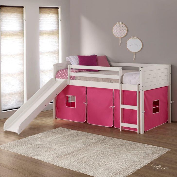 The appearance of Twin Louver Low Loft White W-Pink Tent & Slide designed by DONCO kids in the modern / contemporary interior design. This pink and white piece of furniture  was selected by 1StopBedrooms from  to add a touch of cosiness and style into your home. Sku: 790-ATW_750C-TP_785-W. Material: Wood. Product Type: Loft Bed. Bed Size: Twin. Bed Type: Loft Bed. Image1