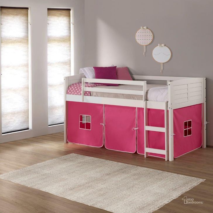 The appearance of Twin Louver Low Loft White W-Pink Tent designed by DONCO kids in the modern / contemporary interior design. This pink and white piece of furniture  was selected by 1StopBedrooms from  to add a touch of cosiness and style into your home. Sku: 790-ATW_750C-TP. Material: Wood. Product Type: Loft Bed. Bed Size: Twin. Bed Type: Loft Bed. Image1