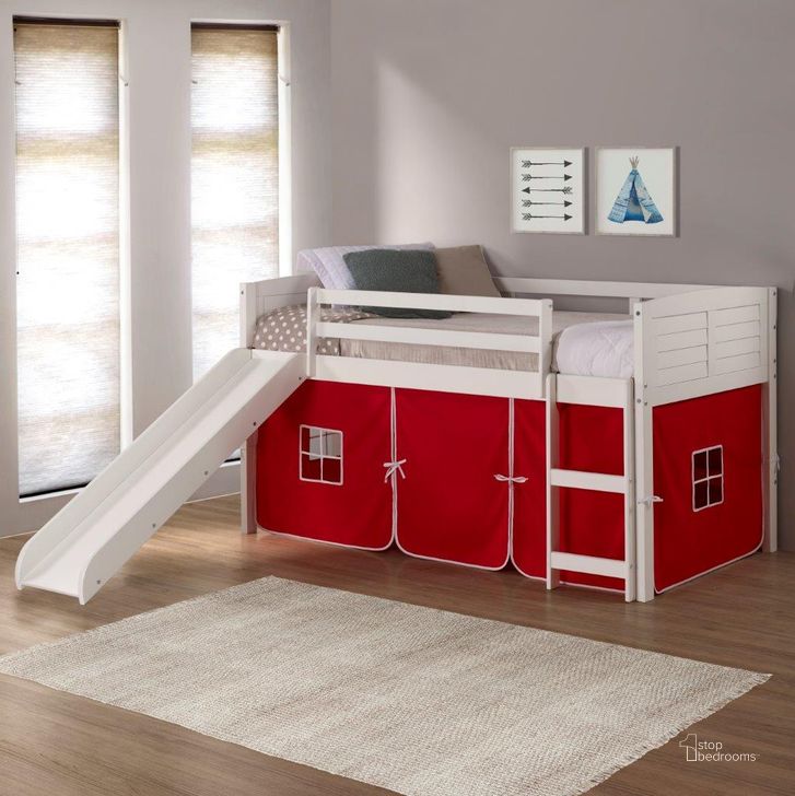 The appearance of Twin Louver Low Loft White W-Red Tent & Slide designed by DONCO kids in the modern / contemporary interior design. This white and red piece of furniture  was selected by 1StopBedrooms from  to add a touch of cosiness and style into your home. Sku: 790-ATW_750C-TR_785-W. Material: Wood. Product Type: Loft Bed. Bed Size: Twin. Bed Type: Loft Bed. Image1
