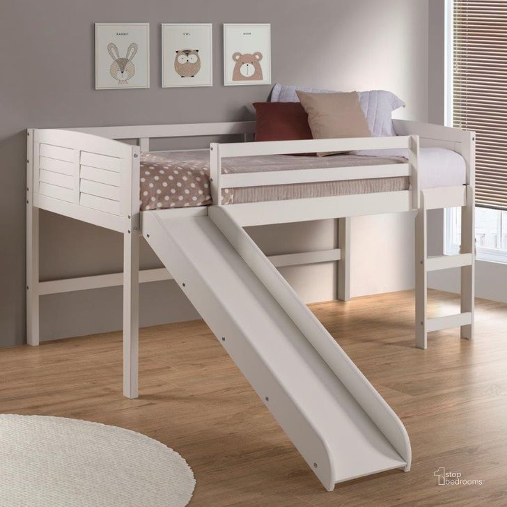 The appearance of Twin Louver Low Loft White W-Slide designed by DONCO kids in the modern / contemporary interior design. This white piece of furniture  was selected by 1StopBedrooms from  to add a touch of cosiness and style into your home. Sku: 790-ATW_785-W. Material: Wood. Product Type: Loft Bed. Bed Size: Twin. Bed Type: Loft Bed. Image1
