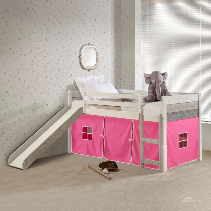 The appearance of Twin Panel Low Loft Bed With Slide In Two-Tone Grey-White Finish & Pink Tent Kit designed by DONCO kids in the modern / contemporary interior design. This white and grey piece of furniture  was selected by 1StopBedrooms from  to add a touch of cosiness and style into your home. Sku: 5000-ATGW_750C-TP. Material: Wood. Product Type: Loft Bed. Bed Size: Twin. Bed Type: Loft Bed.