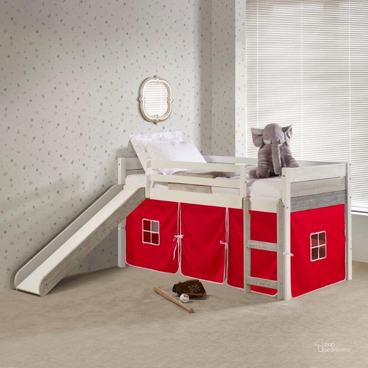 The appearance of Twin Panel Low Loft Bed With Slide In Two-Tone Grey-White Finish & Red Tent Kit designed by DONCO kids in the modern / contemporary interior design. This white and grey piece of furniture  was selected by 1StopBedrooms from  to add a touch of cosiness and style into your home. Sku: 5000-ATGW_750C-TR. Material: Wood. Product Type: Loft Bed. Bed Size: Twin. Bed Type: Loft Bed.