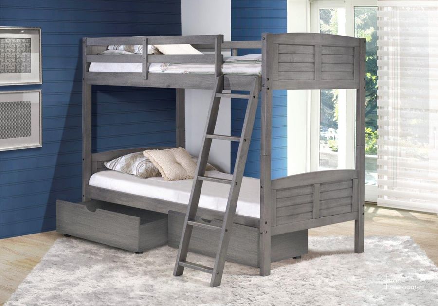 The appearance of Twin-Twin Louver Bunk Bed With Dual Under Bed Drawers In Antique Grey Finish designed by DONCO kids in the modern / contemporary interior design. This antique grey piece of furniture  was selected by 1StopBedrooms from  to add a touch of cosiness and style into your home. Sku: 2010-TTAG_505-AG. Bed Type: Bunk Bed. Material: Wood. Product Type: Bunk Bed. Bed Size: Twin. Image1