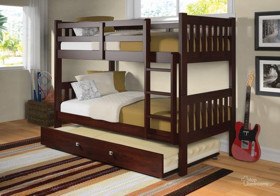 The appearance of Twin-Twin Mission Bunk Bed W-Twin Trundle Bed In Cappuccino designed by DONCO kids in the modern / contemporary interior design. This dark cappuccino piece of furniture  was selected by 1StopBedrooms from  to add a touch of cosiness and style into your home. Sku: 1010-3TTCP_503-CP. Bed Type: Bunk Bed. Material: Wood. Product Type: Bunk Bed. Bed Size: Twin.