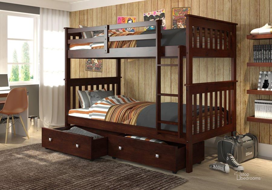 The appearance of Twin-Twin Mission Bunk Bed With Under Bed Drawers Cappuccino Finish designed by DONCO kids in the modern / contemporary interior design. This dark cappuccino piece of furniture  was selected by 1StopBedrooms from  to add a touch of cosiness and style into your home. Sku: 120-3-TTCP_505-CP. Bed Type: Bunk Bed. Material: Wood. Product Type: Bunk Bed. Bed Size: Twin. Image1