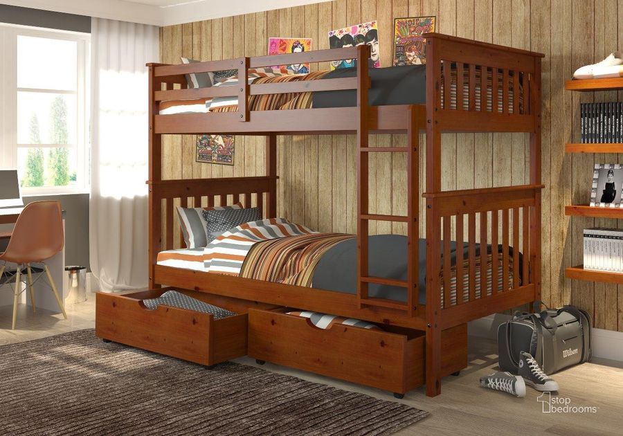 The appearance of Twin-Twin Mission Bunk Bed With Under Bed Drawers In Light Espresso Finish designed by DONCO kids in the modern / contemporary interior design. This light espresso piece of furniture  was selected by 1StopBedrooms from  to add a touch of cosiness and style into your home. Sku: 120-3-TTE_505-E. Bed Type: Bunk Bed. Material: Wood. Product Type: Bunk Bed. Bed Size: Twin.