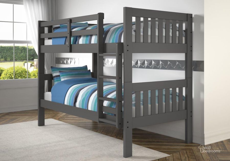 The appearance of Twin-Twin Mission Bunkbed Dark Grey designed by DONCO kids in the modern / contemporary interior design. This dark grey piece of furniture  was selected by 1StopBedrooms from  to add a touch of cosiness and style into your home. Sku: 1010-3TTDG. Bed Type: Bunk Bed. Material: Wood. Product Type: Bunk Bed. Bed Size: Twin. Image1