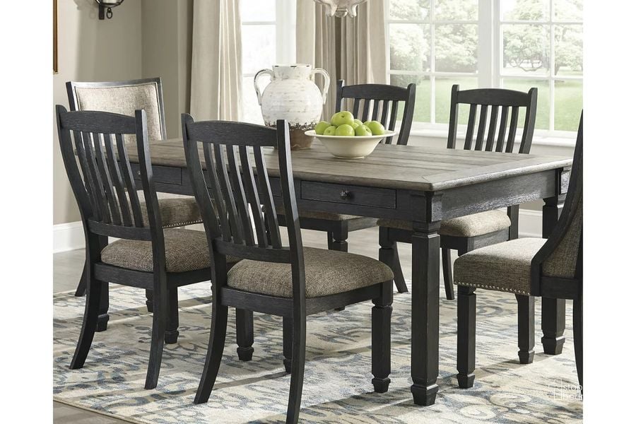 The appearance of Tyler Creek Black And Gray Rectangular Dining Table designed by Signature Design by Ashley in the transitional interior design. This black and gray piece of furniture  was selected by 1StopBedrooms from Tyler Creek Collection to add a touch of cosiness and style into your home. Sku: D736-25. Table Base Style: Legs. Material: Wood. Product Type: Dining Table. Table Top Shape: Rectangular. Image1