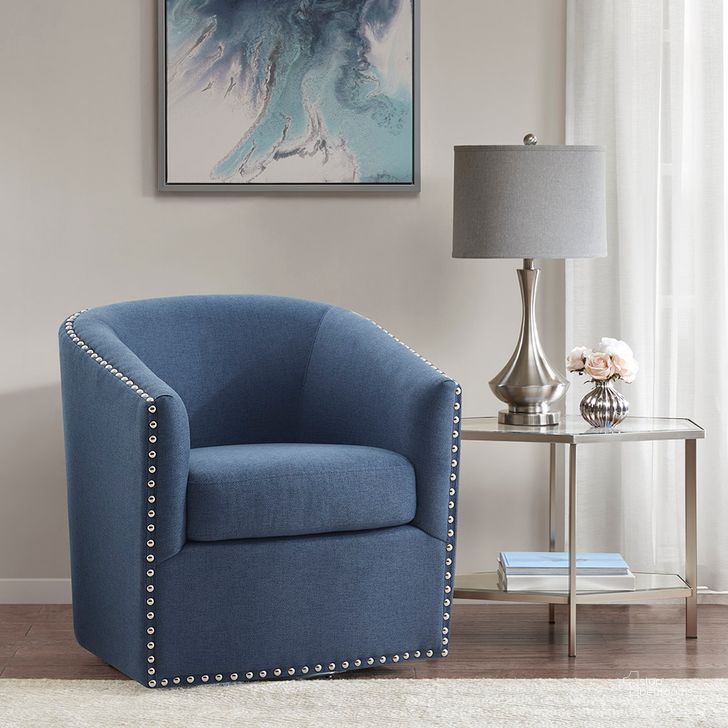The appearance of Tyler Swivel Chair In Blue designed by Olliix in the transitional interior design. This blue piece of furniture  was selected by 1StopBedrooms from Tyler Collection to add a touch of cosiness and style into your home. Sku: MP103-1103. Material: Wood. Product Type: Living Room Chair. Image1