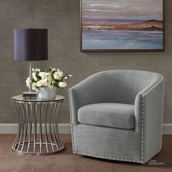 The appearance of Tyler Swivel Chair In Grey designed by Olliix in the transitional interior design. This grey piece of furniture  was selected by 1StopBedrooms from Tyler Collection to add a touch of cosiness and style into your home. Sku: MP103-1071. Material: Wood. Product Type: Living Room Chair. Image1
