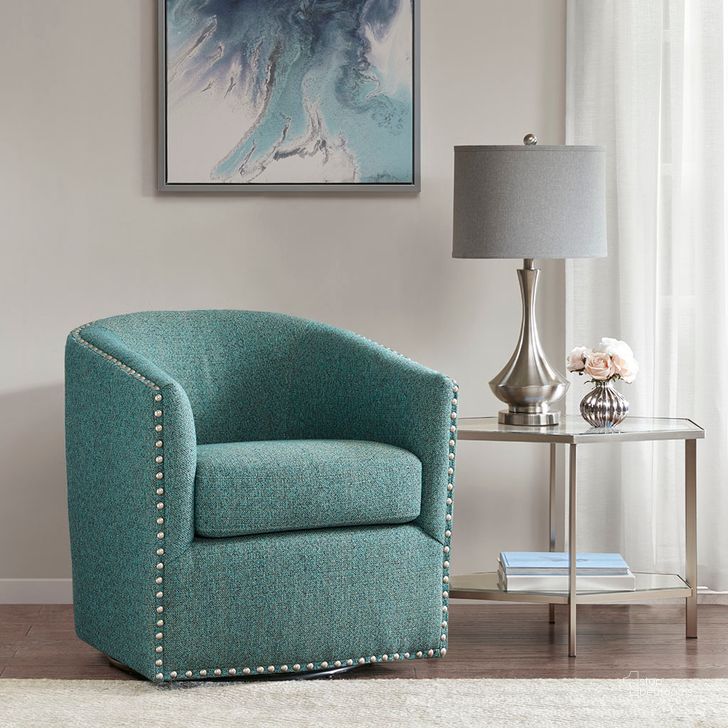 The appearance of Tyler Swivel Chair In Teal Multi designed by Olliix in the transitional interior design. This teal multi piece of furniture  was selected by 1StopBedrooms from Tyler Collection to add a touch of cosiness and style into your home. Sku: MP103-0706. Material: Wood. Product Type: Living Room Chair. Image1