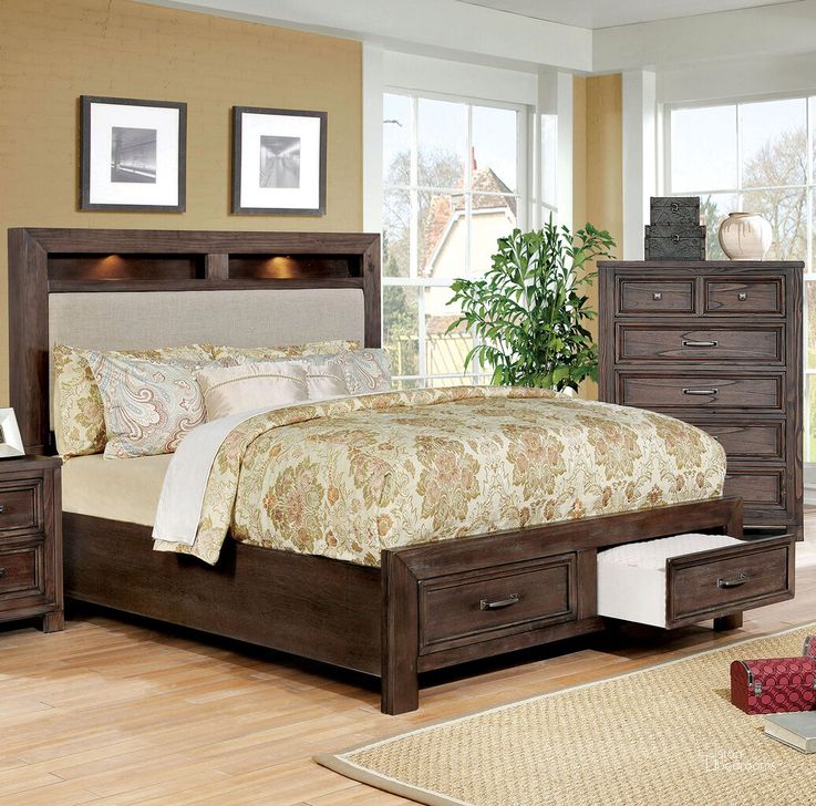 The appearance of Tywyn California King Bed In Dark Oak designed by Furniture of America in the transitional interior design. This dark oak piece of furniture  was selected by 1StopBedrooms from Tywyn Collection to add a touch of cosiness and style into your home. Sku: CM7365A-CK-HB;CM7365A-CK-FB;CM7365A-CK-R. Bed Type: Storage Bed. Material: Wood. Product Type: Storage Bed. Bed Size: California King. Image1