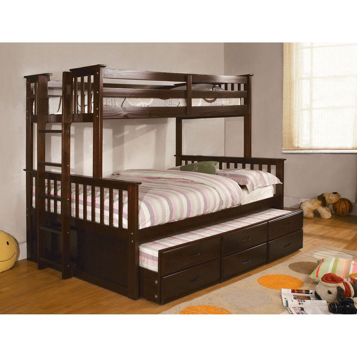 The appearance of University Twin Over Full Bunk Bed With Trundle In Dark Walnut designed by Furniture of America in the country / farmhouse interior design. This dark walnut piece of furniture  was selected by 1StopBedrooms from University Collection to add a touch of cosiness and style into your home. Sku: CM-BK458F-EXP-1;CM-BK458F-EXP-2;CM-BK458CTR-EXP. Bed Type: Bunk Bed. Material: Wood. Product Type: Bunk Bed. Bed Size: Twin Over Full.