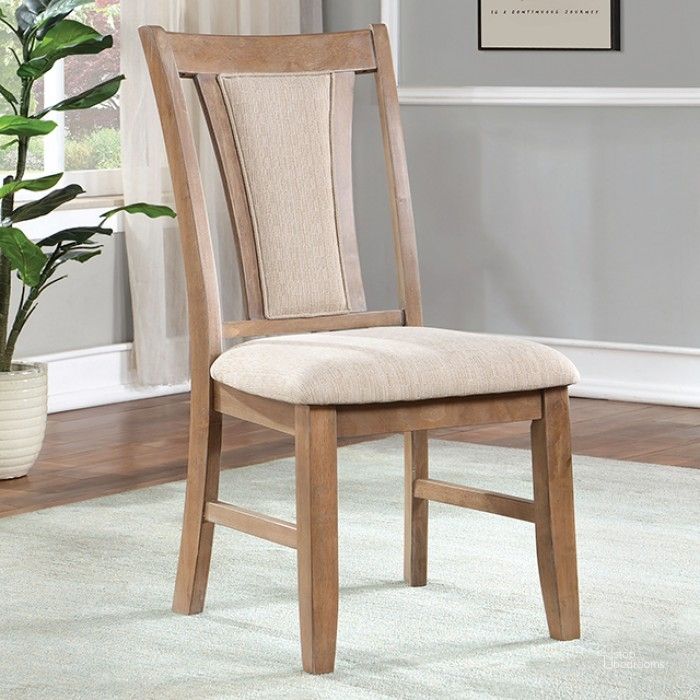 The appearance of Upminster Side Chair Set of 2 In Natural and Beige designed by Furniture of America in the transitional interior design. This natural and beige piece of furniture  was selected by 1StopBedrooms from Upminster Collection to add a touch of cosiness and style into your home. Sku: CM3984NT-SC-2PK. Material: Wood. Product Type: Side Chair. Image1