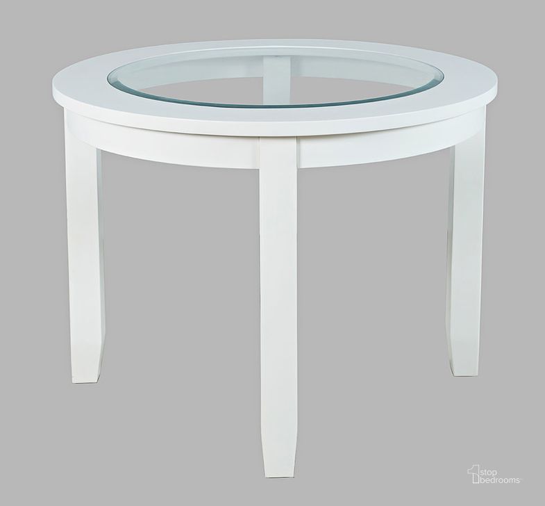 The appearance of Urban Icon 42 Inch Round Glass Inlay Dining Table In White designed by Jofran in the modern / contemporary interior design. This white piece of furniture  was selected by 1StopBedrooms from Urban Icon Collection to add a touch of cosiness and style into your home. Sku: 2003-42. Table Base Style: Legs. Table Top Shape: Round. Material: Wood. Product Type: Dining Table. Image1