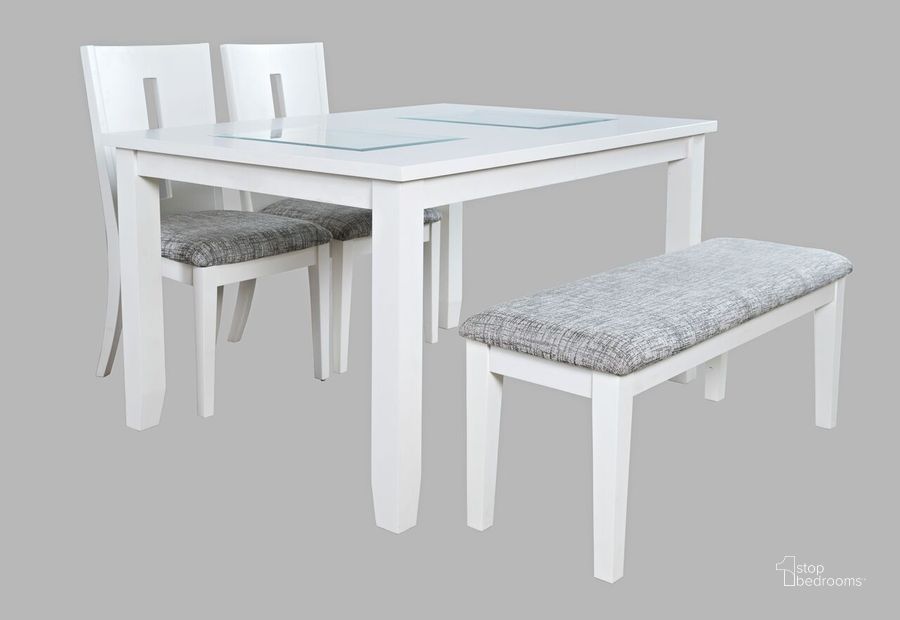 The appearance of Urban Icon Contemporary 66 Inch Four-Piece Dining Set With Upholstered Chairs and Bench In White designed by Jofran in the modern / contemporary interior design. This white piece of furniture  was selected by 1StopBedrooms from Urban Icon Collection to add a touch of cosiness and style into your home. Sku: 2003-66D-4. Product Type: Dining Room Set. Material: MDF. Image1