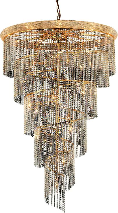 The appearance of Spiral 48 Gold 29 Light Chandelier With Clear Royal Cut Crystal Trim designed by Elegant Lighting in the modern / contemporary interior design. This gold piece of furniture  was selected by 1StopBedrooms from Spiral Collection to add a touch of cosiness and style into your home. Sku: V1801SR48G/RC. Product Type: Chandelier. Material: Crystal.