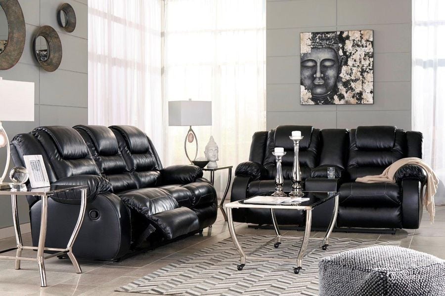 The appearance of Vacherie Reclining Living Room Set In Black designed by Signature Design by Ashley in the modern / contemporary interior design. This black piece of furniture  was selected by 1StopBedrooms from Vacherie Collection to add a touch of cosiness and style into your home. Sku: 7930888;7930894. Material: Fabric. Product Type: Living Room Set. Image1
