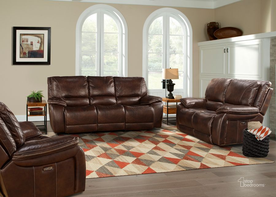 The appearance of Vail Power Reclining Sofa Loveseat and Recliner In Dark Brown designed by Parker House in the transitional interior design. This dark brown piece of furniture  was selected by 1StopBedrooms from Vail Collection to add a touch of cosiness and style into your home. Sku: MVAI#812PH-BUR;MVAI#822PH-BUR;MVAI#832PH-BUR. Material: Leather. Product Type: Living Room Set. Image1