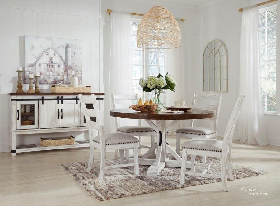 The appearance of Valebeck Brown And White Round Dining Room Set designed by Signature Design by Ashley in the transitional interior design. This multi piece of furniture  was selected by 1StopBedrooms from Valebeck Collection to add a touch of cosiness and style into your home. Sku: D546-50T;D546-50B;D546-01. Table Base Style: Trestle. Table Top Shape: Round. Material: Wood. Product Type: Dining Room Set. Image1