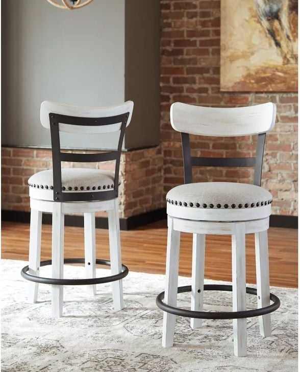 The appearance of Valebeck Linen Upholstered Swivel Barstool designed by Signature Design by Ashley in the industrial interior design. This white piece of furniture  was selected by 1StopBedrooms from Valebeck Collection to add a touch of cosiness and style into your home. Sku: D546-524. Material: Wood. Product Type: Barstool. Image1