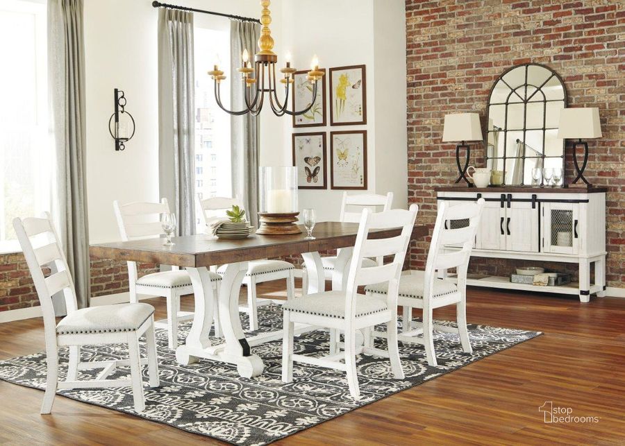 The appearance of Valebeck White and Brown Rectangular Dining Room Set designed by Signature Design by Ashley in the transitional interior design. This white/brown piece of furniture  was selected by 1StopBedrooms from Valebeck Collection to add a touch of cosiness and style into your home. Sku: D546-35;D546-01. Table Base Style: Double Pedestal. Material: Wood. Product Type: Dining Room Set. Table Top Shape: Rectangular. Image1