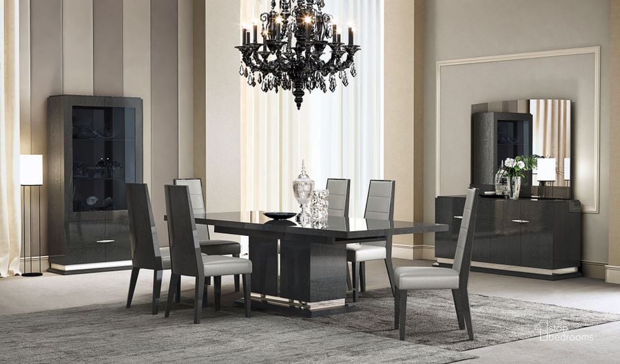 The appearance of Valentina Grey Rectangular Extendable Dining Room Set designed by J&M in the modern / contemporary interior design. This gray piece of furniture  was selected by 1StopBedrooms from Valentina Collection to add a touch of cosiness and style into your home. Sku: 18452-T;18452-C. Table Base Style: Pedestal. Product Type: Dining Room Set. Table Top Shape: Rectangular.