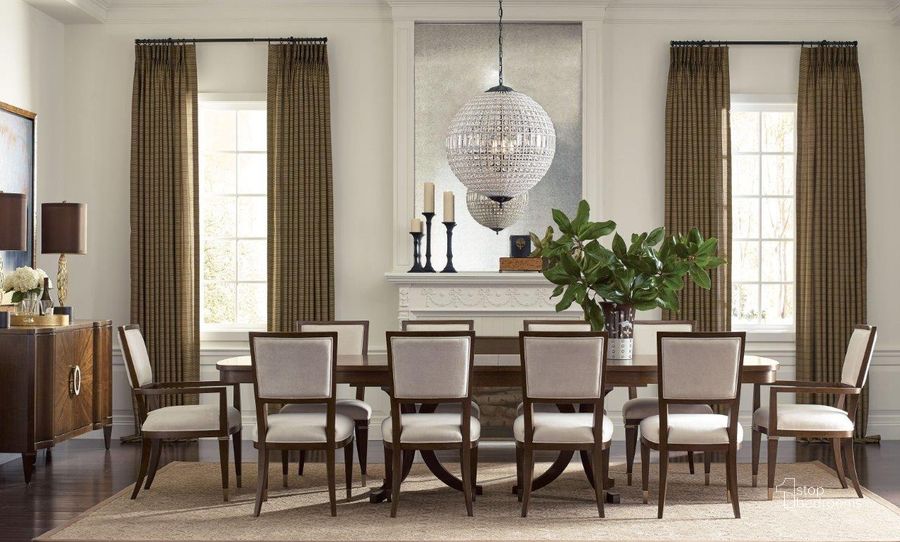 The appearance of Vantage Warm Brown Randolph Dining Room Set designed by American Drew in the transitional interior design. This brown piece of furniture  was selected by 1StopBedrooms from Vantage Collection to add a touch of cosiness and style into your home. Sku: 929-744R;929-622. Table Base Style: Double Pedestal. Material: Wood. Product Type: Dining Room Set. Table Top Shape: Rectangular. Image1
