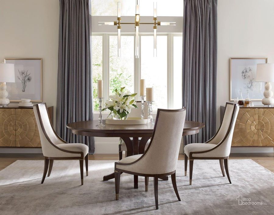 The appearance of Vantage Warm Brown Warner Round Dining Room Set designed by American Drew in the transitional interior design. This brown piece of furniture  was selected by 1StopBedrooms from Vantage Collection to add a touch of cosiness and style into your home. Sku: 929-701R;929-622. Table Base Style: Pedestal. Table Top Shape: Round. Material: Wood. Product Type: Dining Room Set. Image1