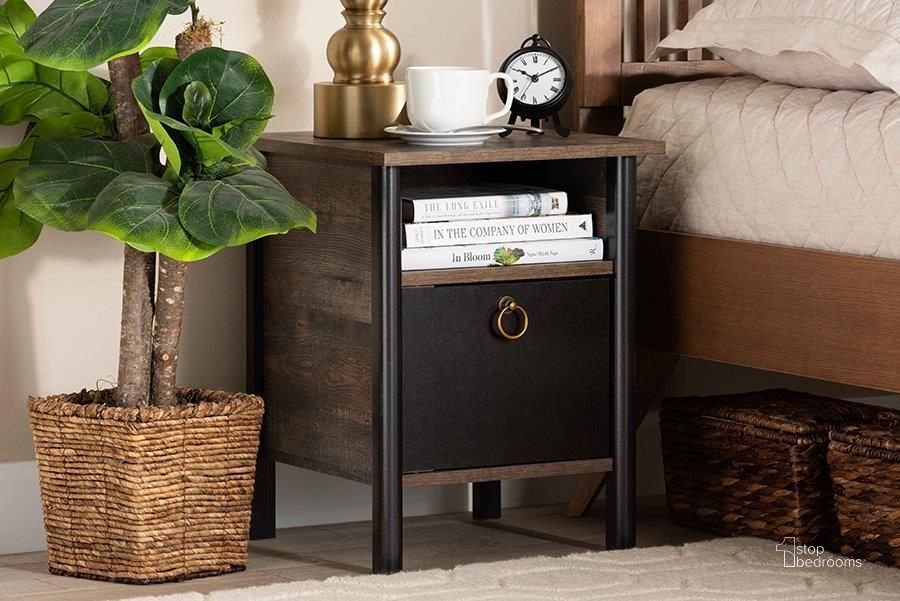 The appearance of Vaughan Modern and Contemporary Two-Tone Rustic Brown and Black Finished Wood Nightstand designed by Baxton Studio in the modern / contemporary interior design. This rustic brown and black piece of furniture  was selected by 1StopBedrooms from Vaughan Collection to add a touch of cosiness and style into your home. Sku: SM-NS3840-Rustic Brown-NS. Product Type: Nightstand. Material: MDF. Image1