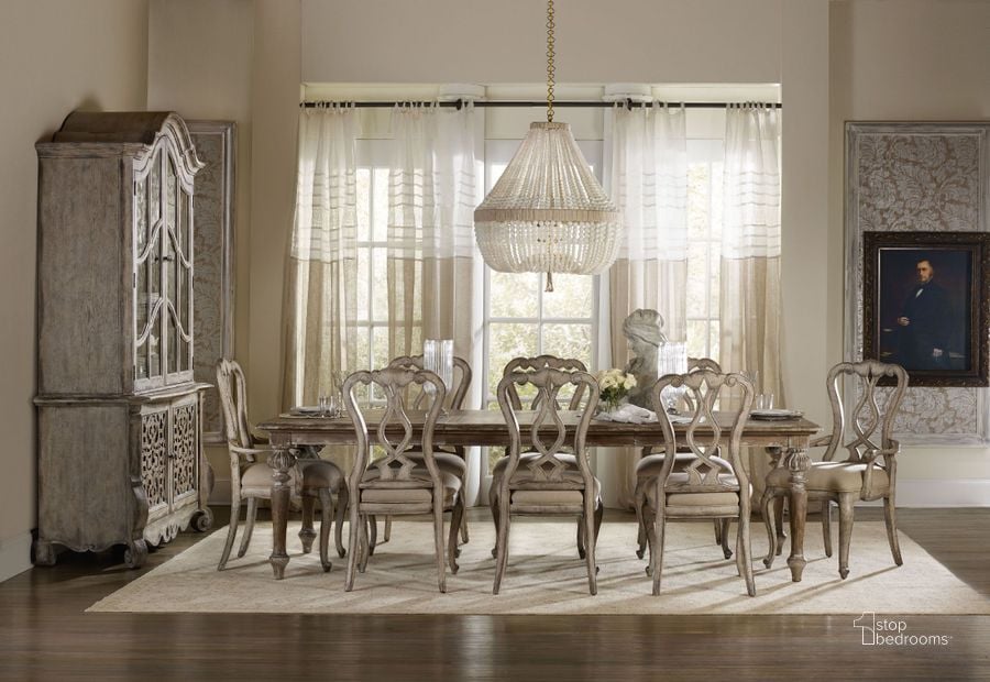 The appearance of Chatelet Soft Amber Rectangular Leg Extendable Dining Room Set designed by Hooker in the traditional interior design. This light brown piece of furniture  was selected by 1StopBedrooms from Chatelet Collection to add a touch of cosiness and style into your home. Sku: 5300-75200;5300-75410. Material: Wood. Product Type: Dining Room Set. Table Top Shape: Rectangular. Image1