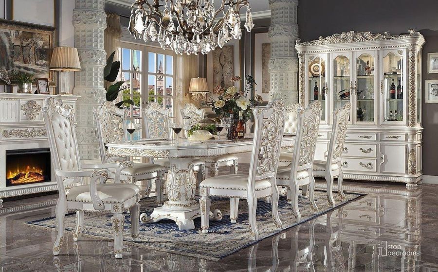 The appearance of Vendome 120 Inch Rectangular Dining Room Set (Antique Pearl) designed by ACME in the transitional interior design. This antique pearl piece of furniture  was selected by 1StopBedrooms from Vendome Collection to add a touch of cosiness and style into your home. Sku: DN01351-1;DN01351-2;DN01351-3;DN01347. Table Base Style: Double Pedestal. Material: Wood. Product Type: Dining Room Set. Table Top Shape: Rectangular. Image1