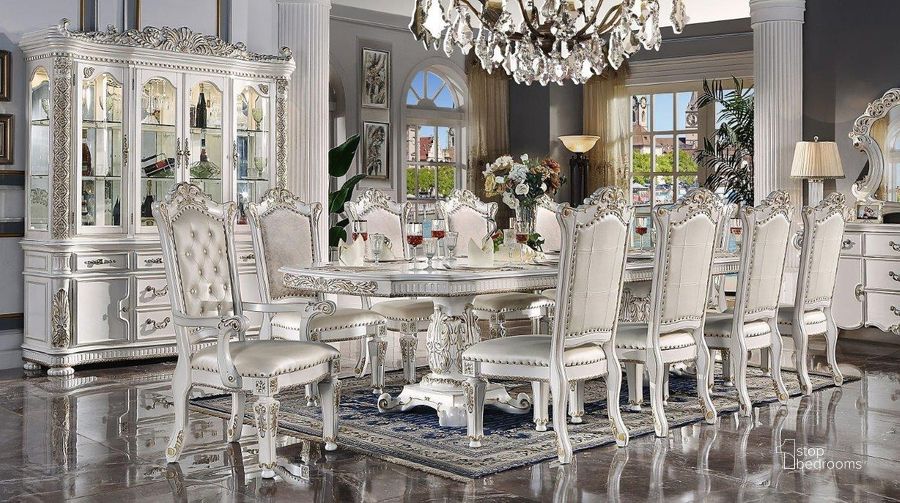 The appearance of Vendome 136 Inch Rectangular Dining Room Set (Antique Pearl) designed by ACME in the transitional interior design. This antique pearl piece of furniture  was selected by 1StopBedrooms from Vendome Collection to add a touch of cosiness and style into your home. Sku: DN01346-1;DN01346-2;DN01346-3;DN01348. Table Base Style: Double Pedestal. Material: Wood. Product Type: Dining Room Set. Table Top Shape: Rectangular. Image1